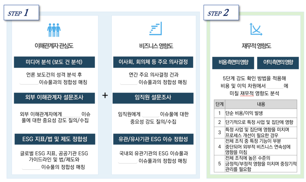 인포그래픽 2: 이중 중대성 평가 프로세스 (STEP 1, STEP 2 다이어그램)