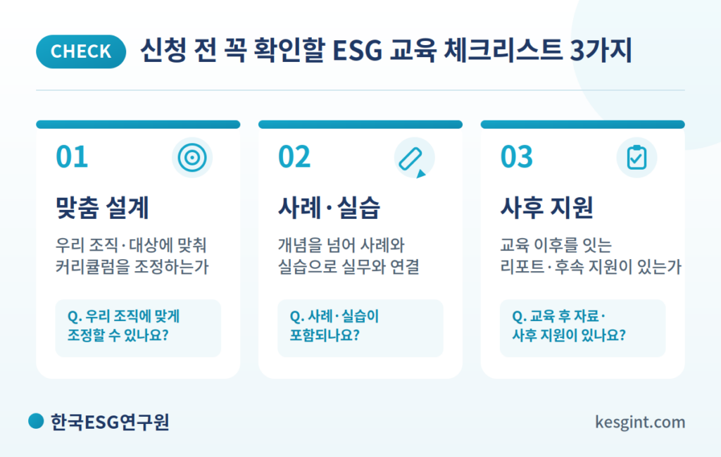 ESG 교육 선택 체크리스트 3가지 — 맞춤 설계, 사례·실습, 사후 지원
